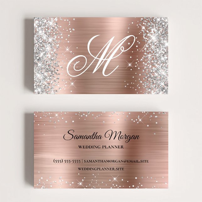 Tarjeta De Visita Rosa Purpurina Relieve metalizado dorado   Fancy M (Silver Glitter Shiny Rose Gold Foil Fancy Monogram Business Card)