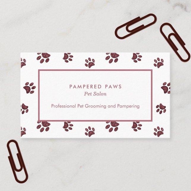Tarjeta De Visita Rosa Purpurina rosa dorado Paw Imprime Salón Masco (Rose Gold Pink Glitter Paw Prints Pet Salon Business Card)