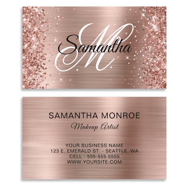 Tarjeta De Visita Rosa Purpurinoso Relieve metalizado dorado Fancy M (Glittery Rose Gold Foil Fancy Monogram Business Cards)