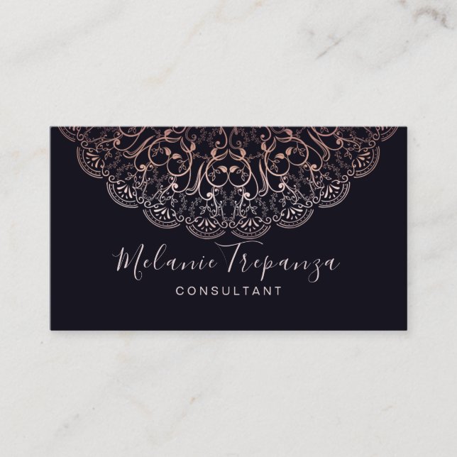 Tarjeta De Visita Rosa Relieve metalizado mandala profesional negro (Anverso)