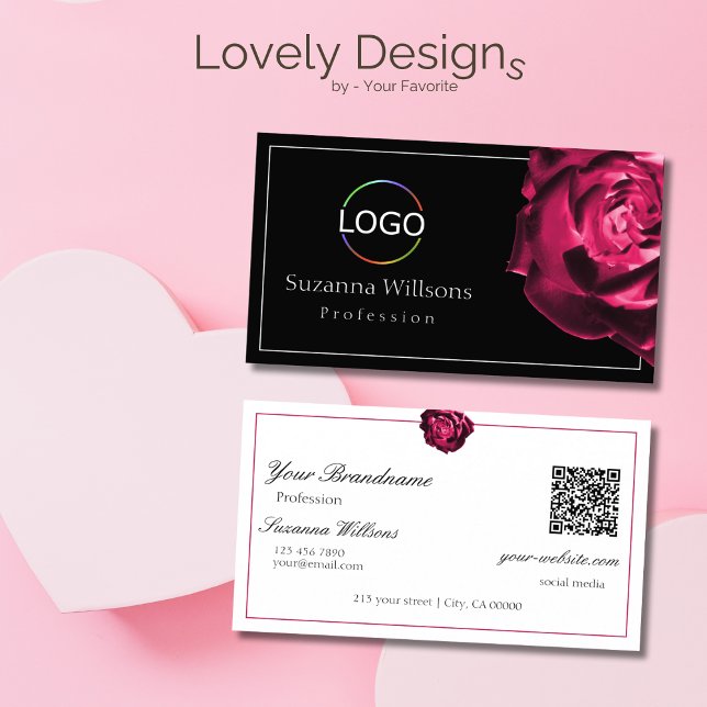 Tarjeta De Visita Rosa roja blanca y negra clásica con código QR con (Subido por el creador)