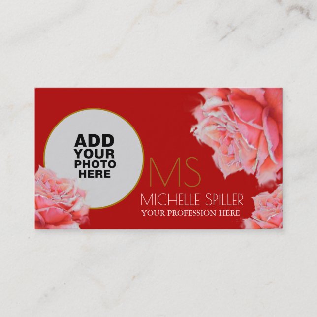 Tarjeta De Visita rosa rosa rosa floral para mujeres elegantes, rojo (Anverso)