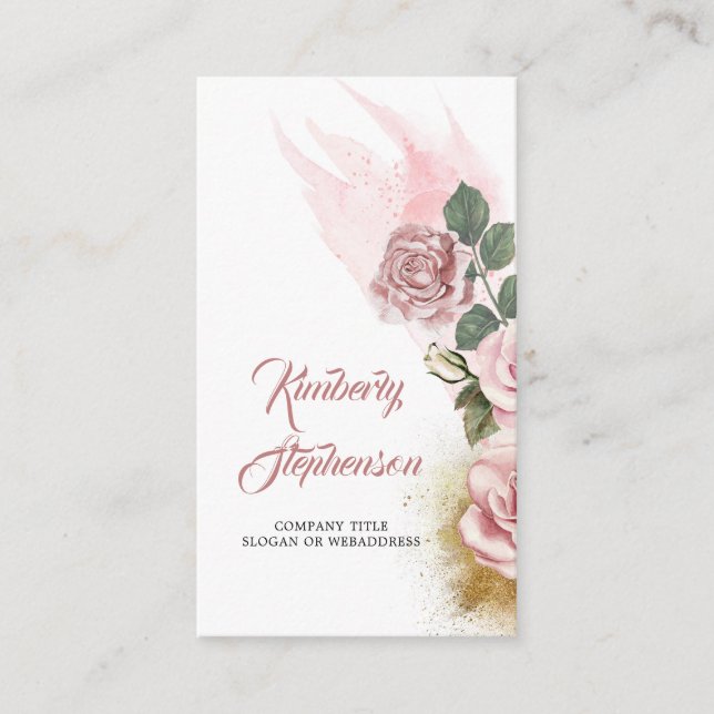Tarjeta De Visita Rosa rosa rosa y Purpurina dorado sucio elegante (Anverso)