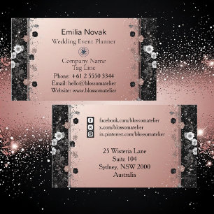 Tarjeta De Visita Rosa Sonrojo Plateado Metálico Brillo Floral Moder