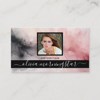 Tarjeta De Visita Rosa suave acuarela rosa y negro QR y foto
