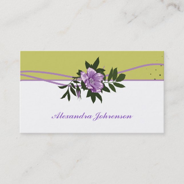 Tarjeta De Visita Rosa verde oliva salvaje morado, floral blanca (Anverso)