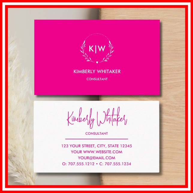 Tarjeta De Visita Rosa y blanco | Monograma de Iniciales Modernas (Pink and White | Modern Initials Monogram Business Card)