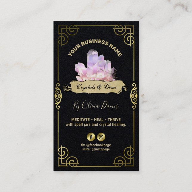 Tarjeta De Visita Rosa Y Oro Esotéricos De Cristal Negro (Anverso)