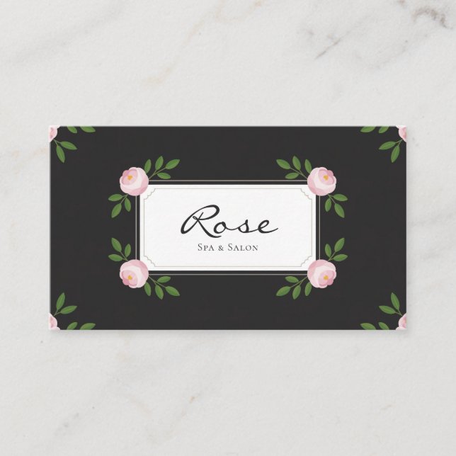 Tarjeta De Visita Rosalbud Elegante Floral Rectangular Black Pink (Anverso)