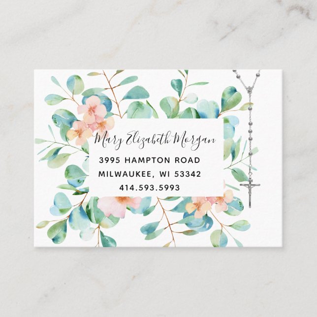 Tarjeta De Visita Rosario católico Eucalipto Floral religiosa (Anverso)