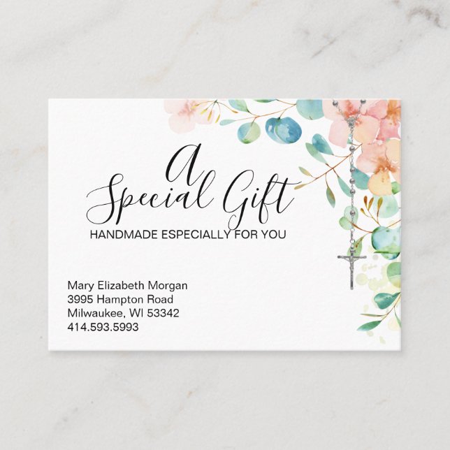 Tarjeta De Visita Rosario Católico Eucalyptus Regalo Floral Religios (Anverso)