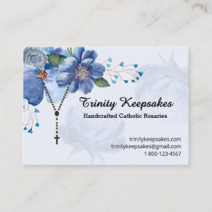 Tarjeta De Visita Rosario Católico Floral de Acuarela Azul Elegante