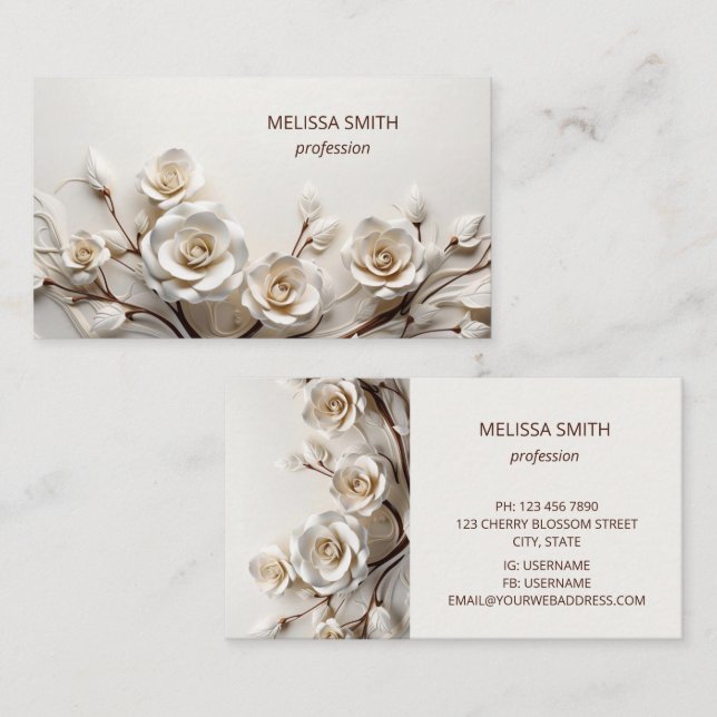Tarjeta De Visita Rosas 3D Blancas Elegantes (Anverso / Reverso)