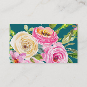 Tarjeta De Visita Rosas acuarela en rosa y crema sobre azul teal