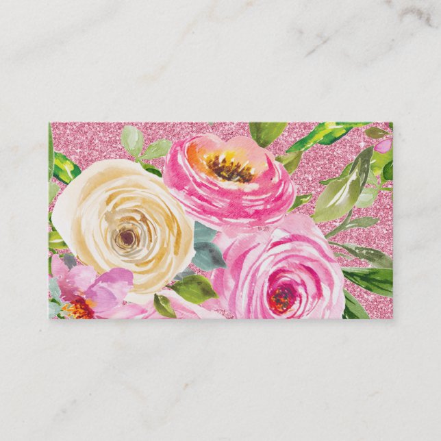 Tarjeta De Visita Rosas acuarelas en Purpurina rosa y crema rosada (Anverso)