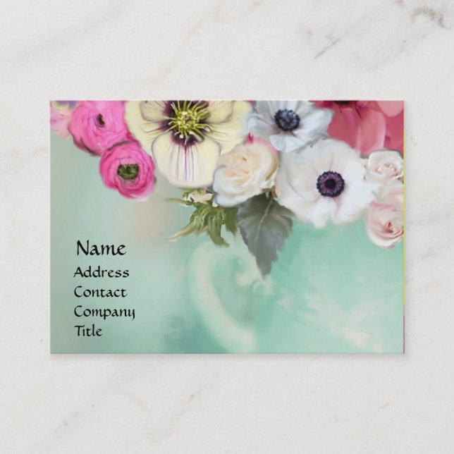 TARJETA DE VISITA ROSAS BLANCAS ROSADAS Y FLORES DE ANÉMONA (Anverso)
