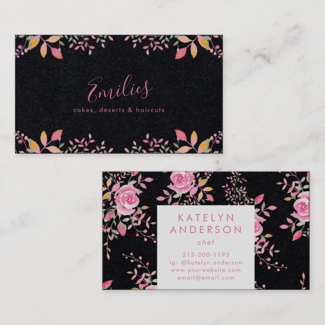 Tarjeta De Visita Rosas de acuarela botánica orgánica premium negro (Anverso / Reverso)