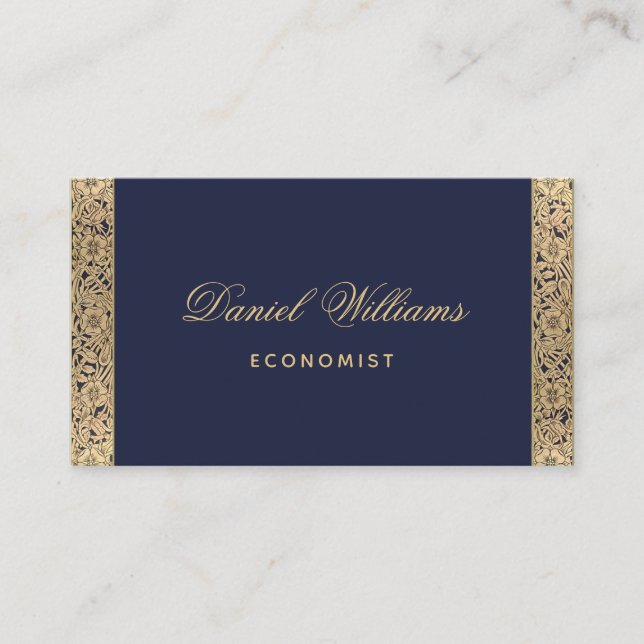 Tarjeta De Visita Rosas de oro y caligrafía de la Marina Blue Elegag (Anverso)