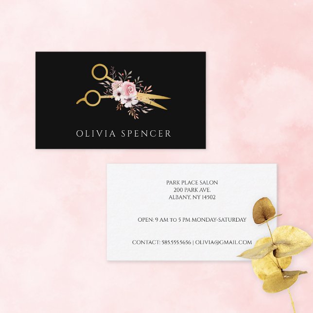 Tarjeta De Visita Rosas de tijeras de oro Hair Stylist (Subido por el creador)