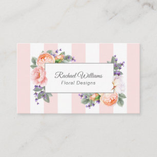 Tarjeta De Visita Rosas en acuarela, rayas lavanda y rosa