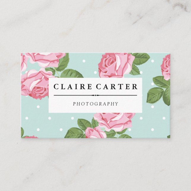 Tarjeta De Visita Rosas florales de fotografía y puntos de polka (Anverso)