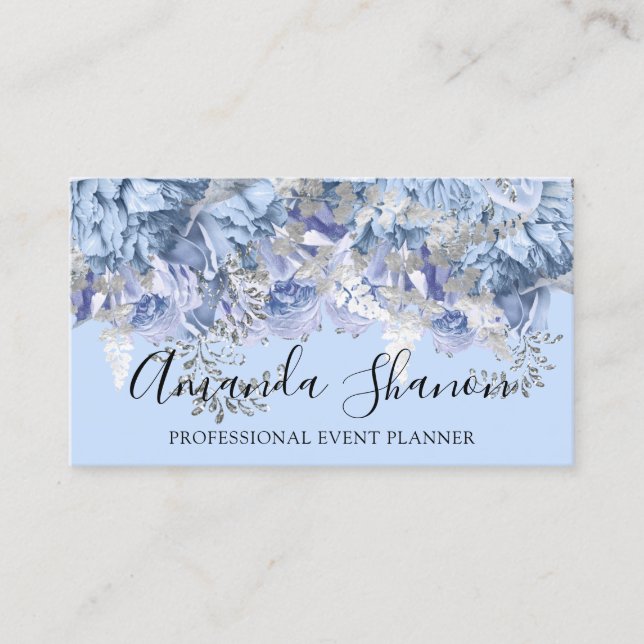 Tarjeta De Visita Rosas Gris Florales Azules Planificador de eventos (Anverso)