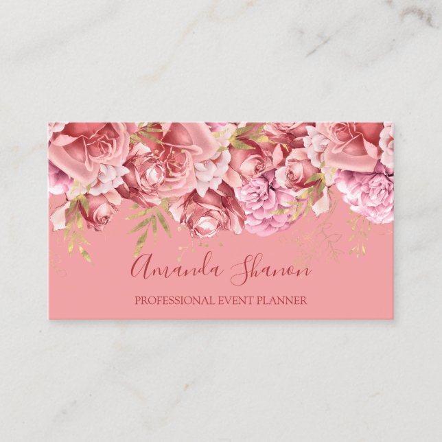 Tarjeta De Visita Rosas Pink Flowers Event Planner QR CODE (Anverso)