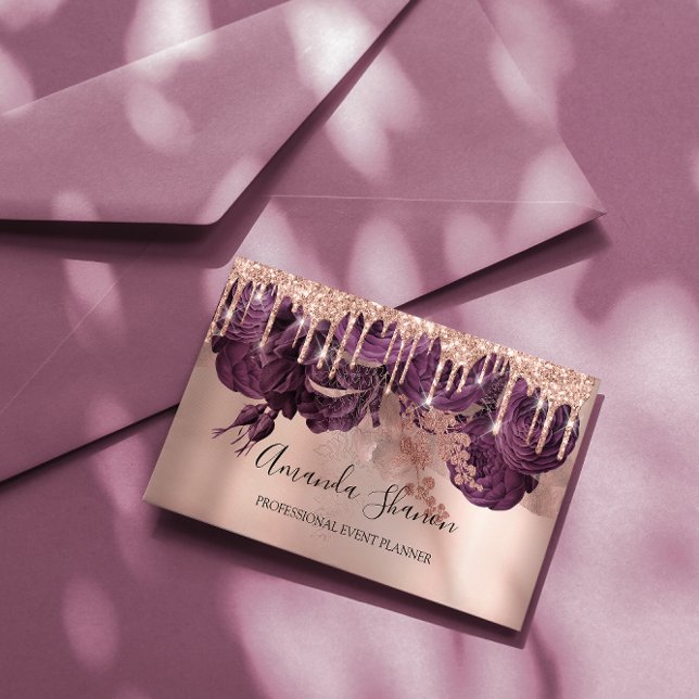 Tarjeta De Visita Rosas púrpura Elegant Dris Planificador de eventos (Purple Roses Elegant Drips Logo Event Planner Business Card)