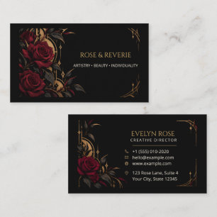 Tarjeta De Visita Rosas Rojas Góticas Negras y Doradas Elegantes