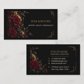 Tarjeta De Visita Rosas Rojas Góticas Negras y Doradas Elegantes