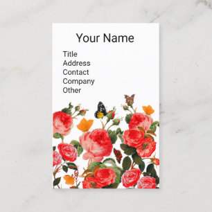 Tarjeta De Visita ROSAS ROJAS Y MARIPOSAS AMARILLAS Florales Blancas