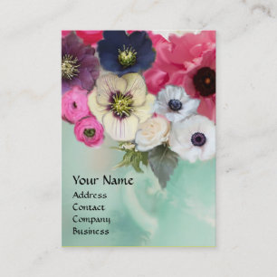TARJETA DE VISITA ROSAS ROSADAS BLANCAS Y FLORES DE ANÉMONA MONOGRAM
