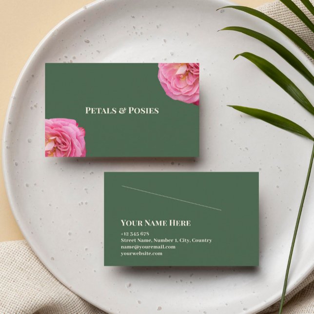Tarjeta De Visita Rosas Rosadas En Fondo Verde Sencillo Elegante (Subido por el creador)