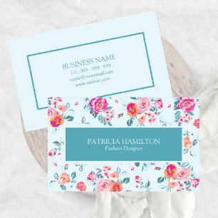 Tarjeta De Visita Rosas Rosadas Vibrantes Patrón Floral Sobre Menta