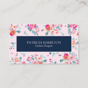 Tarjeta De Visita Rosas Rosadas Vibrantes Patrón Floral Sobre Rubor