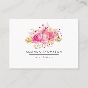 Tarjeta De Visita Rosas rosadas y doradas acuarela floral