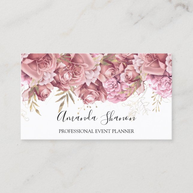 Tarjeta De Visita Rosas Rubor Flower White Event Planner QRCODE (Anverso)