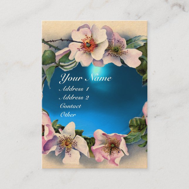 Tarjeta De Visita Rosas SALVAJES CON MONOGRAMA DE PIEDRA AQUA AZUL (Anverso)