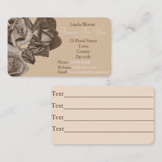 Tarjeta De Visita rosas sepias rosa brota flores jardinero florista (Anverso / Reverso)