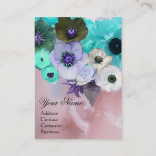 TARJETA DE VISITA ROSAS Y FLORES DE ANÉMONA BLANCAS TEAL AZULES MONO