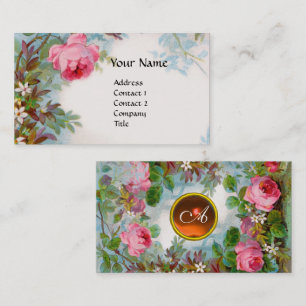 Tarjeta De Visita ROSAS y JASMINS FLORAL MONOGRAM ORAMGE GEM Blanco