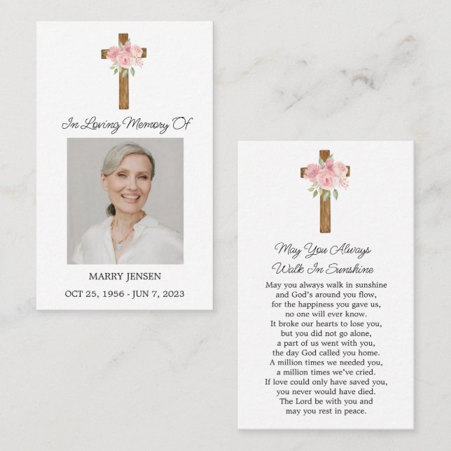Tarjeta De Visita Rose Cross Memorial Photo Funeral Prayer Card (Anverso / Reverso)