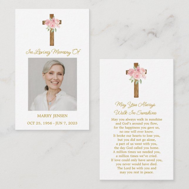 Tarjeta De Visita Rose Cross Memorial Photo Funeral Prayer Card (Anverso / Reverso)