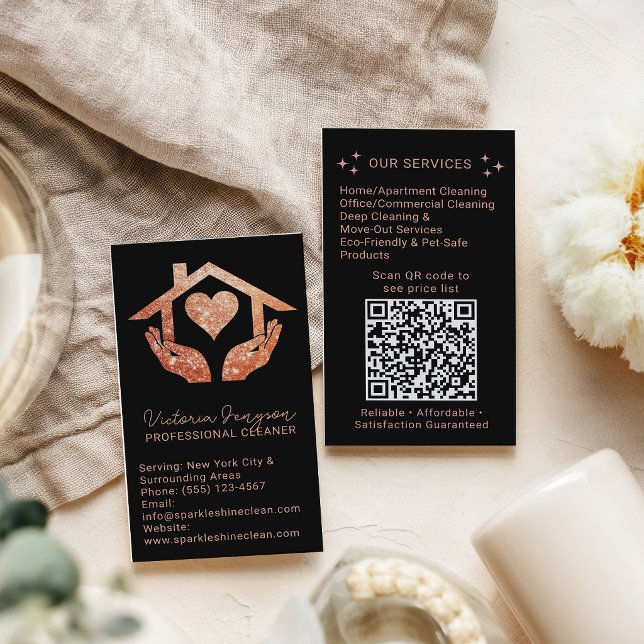 Tarjeta De Visita Rose Gold Black Cleaning Service Maid QR Logo (Rose Gold Black Cleaning Service Maid QR Logo Business Card)