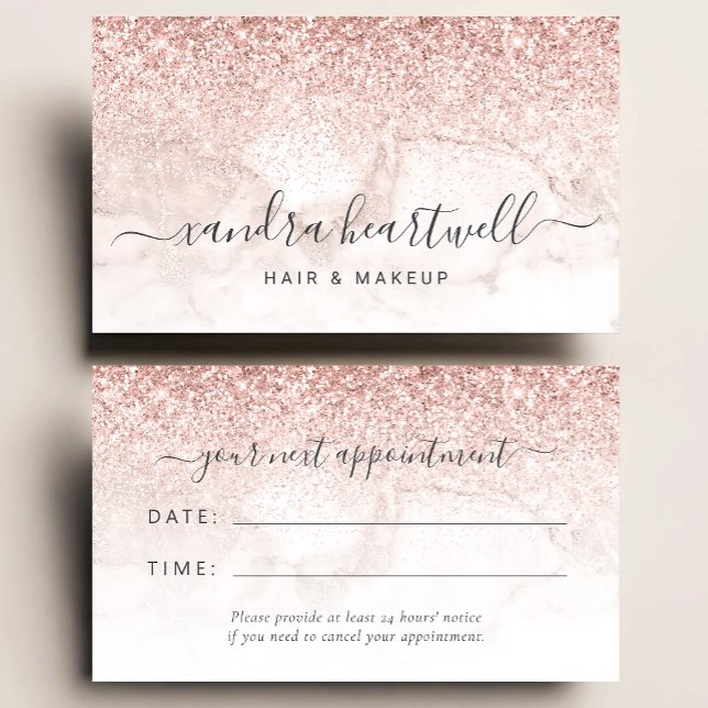 Tarjeta De Visita Rose Gold Blush Marble Glitter Script Appointment (Subido por el creador)