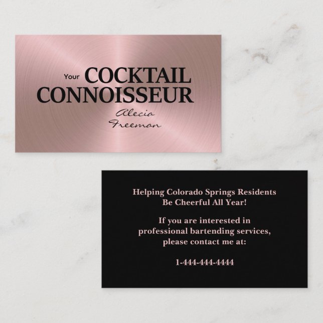Tarjeta De Visita Rose Gold Brushed Event Bartender Business Card (Anverso / Reverso)