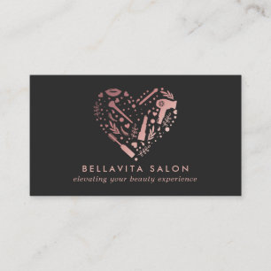 Tarjeta De Visita Rose Gold Corazón Salón de Estilistas de Cabello