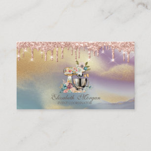 Tarjeta De Visita Rose Gold Drips Cake Mixer Flores Holográficas 