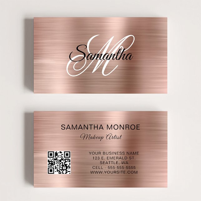 Tarjeta De Visita Rose Gold Foil Fancy Monogram QR Code (Rose Gold Foil Fancy Monogram QR Code Business Card)