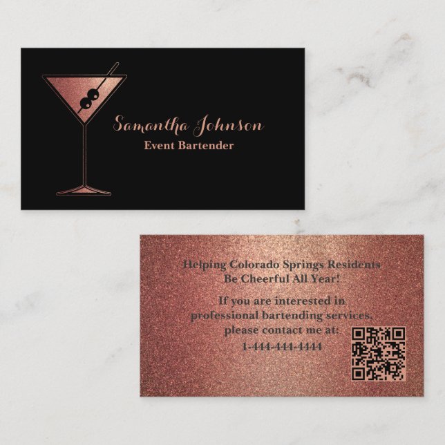 Tarjeta De Visita Rose Gold Glitter Event Bartender QR Code (Anverso / Reverso)